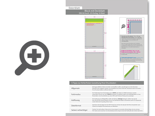 Product Bild block_mit_leimbindung_und_deckblatt__din_a6__50_blatt__5_0_farbig_einseitig_bedruckt_(cmyk_4-farbig_+_1_sonderfarbe_hks_oder_pantone)